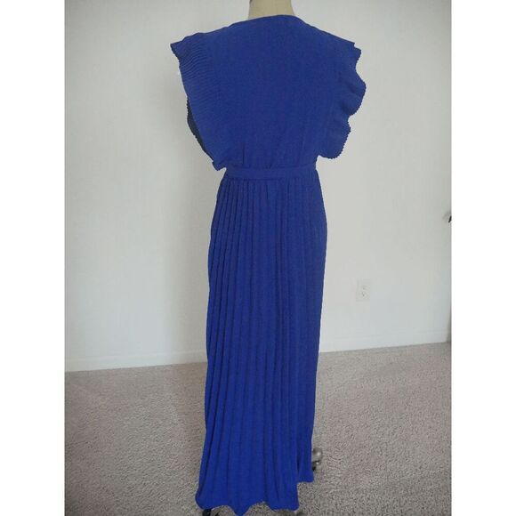 C.CLINE Blue Belted Flutter-Sleeve Pleated A-Line Dress M - Picture 5 of 10